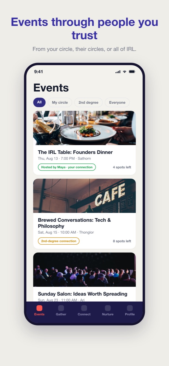 Events hosted by people in your circles, showing who is hosting and how many spots are left.